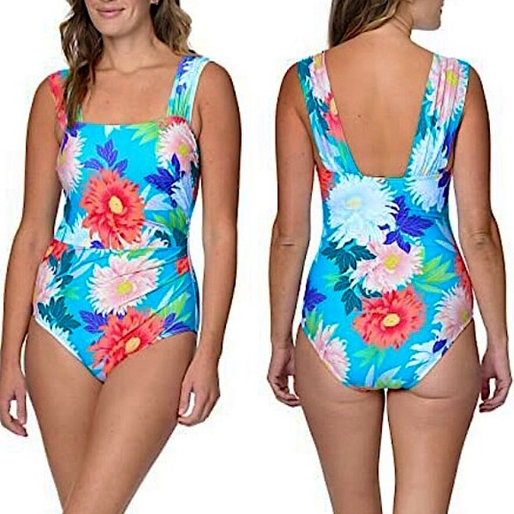 Jantzen Cascade Blue Resume To Bloom Capsleeve One Piece - Picture 2 of 16